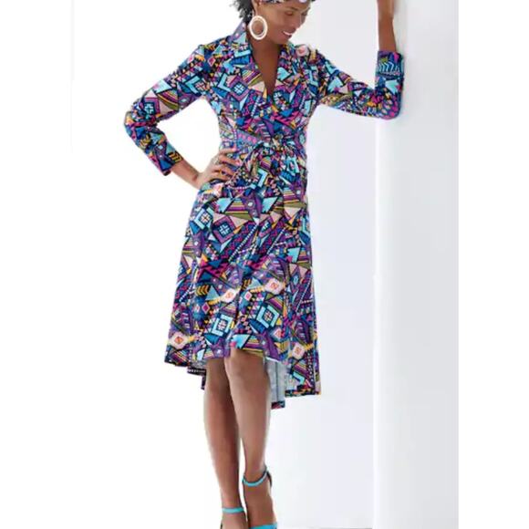 Ashro Neesha High Low Abstract Print Long Sleeve Tie Front Dress Size M Medium - Picture 1 of 7